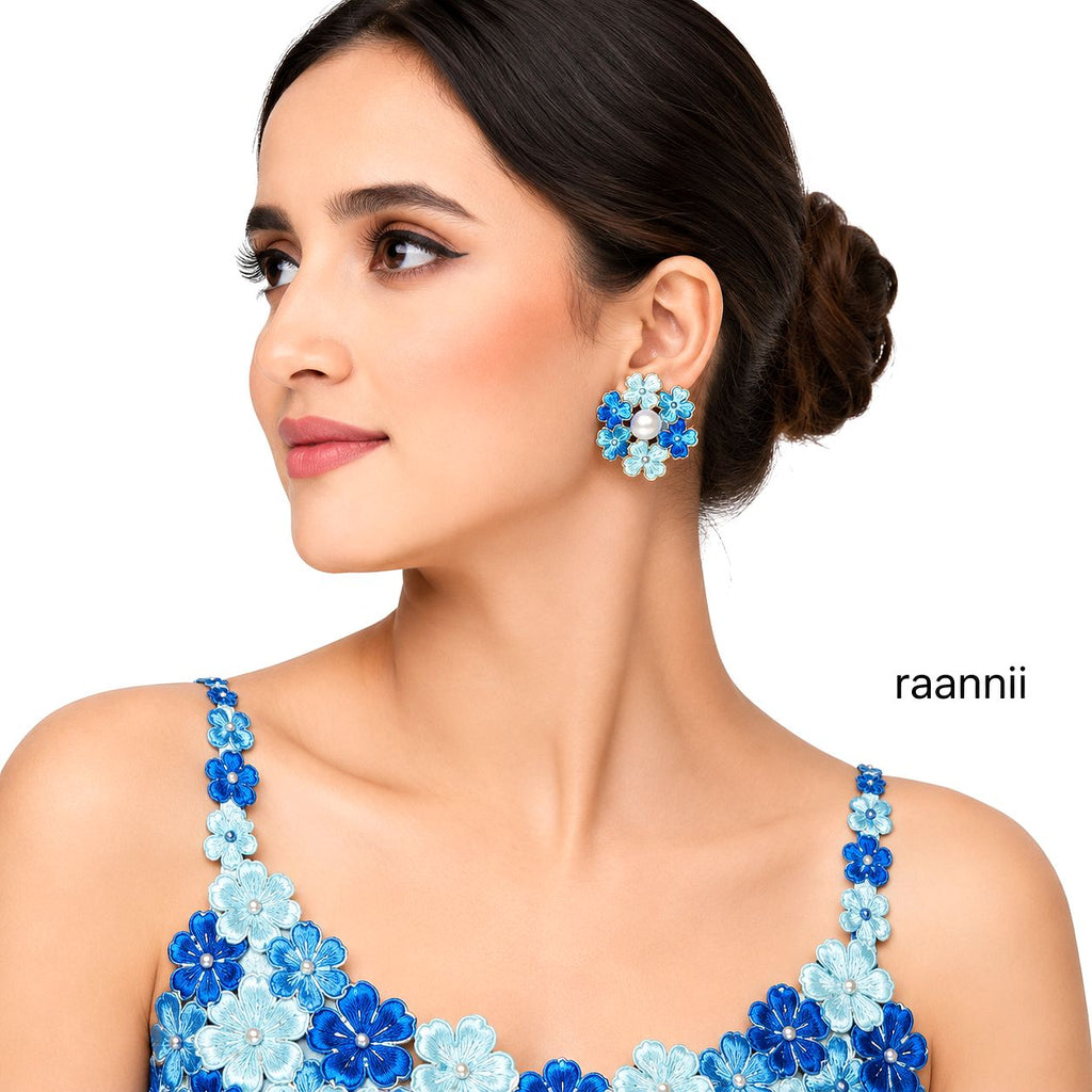 Blue Floral Pearl Earrings for Women | Luxury Statement Earrings