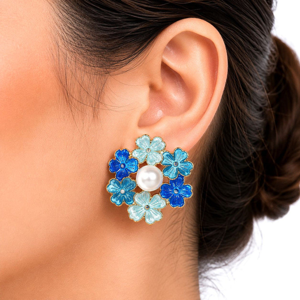 Blue Floral Pearl Earrings for Women | Luxury Statement Earrings