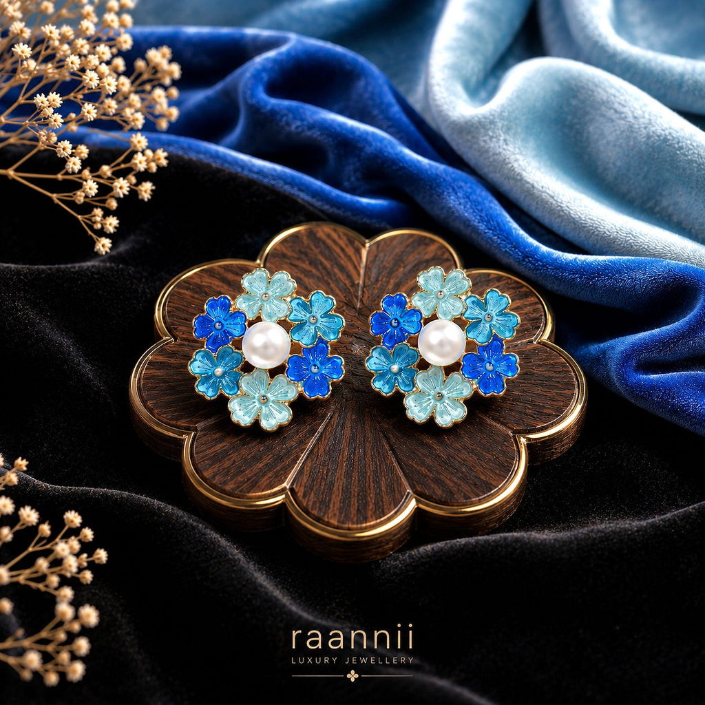 Blue Floral Pearl Earrings for Women | Luxury Statement Earrings