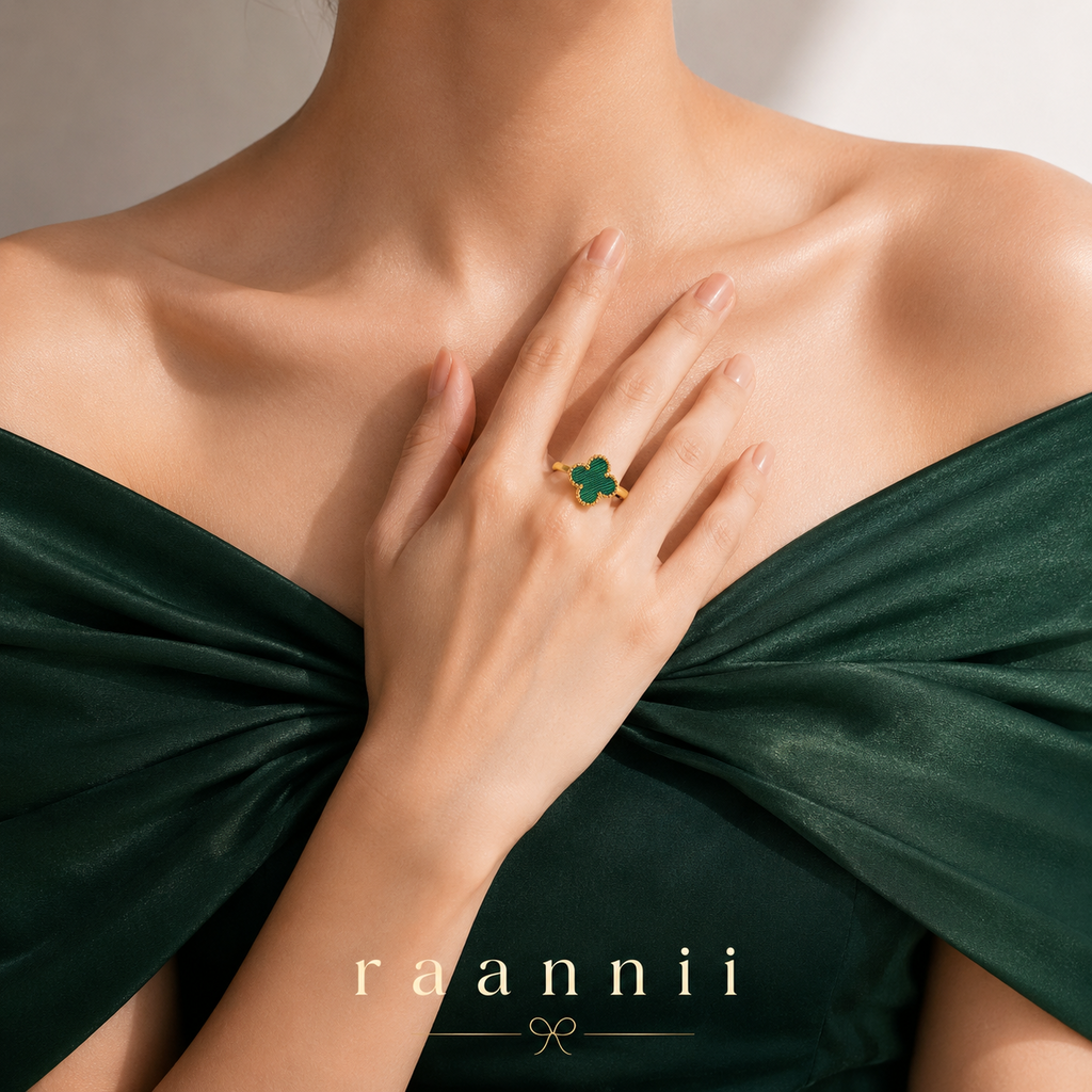 Raannii - Rings Gold Plated Green Clover Adjustable Statement Ring for Women