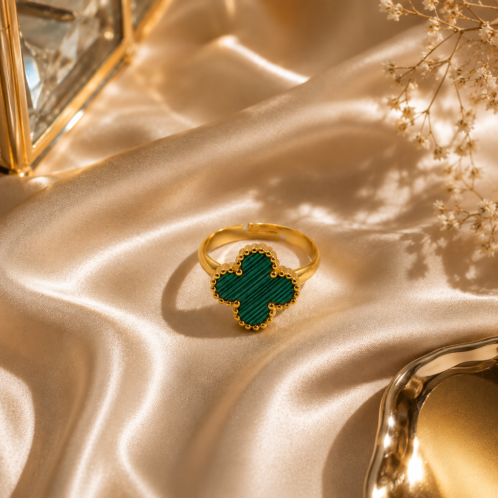 Raannii - Rings Gold Plated Green Clover Adjustable Statement Ring for Women