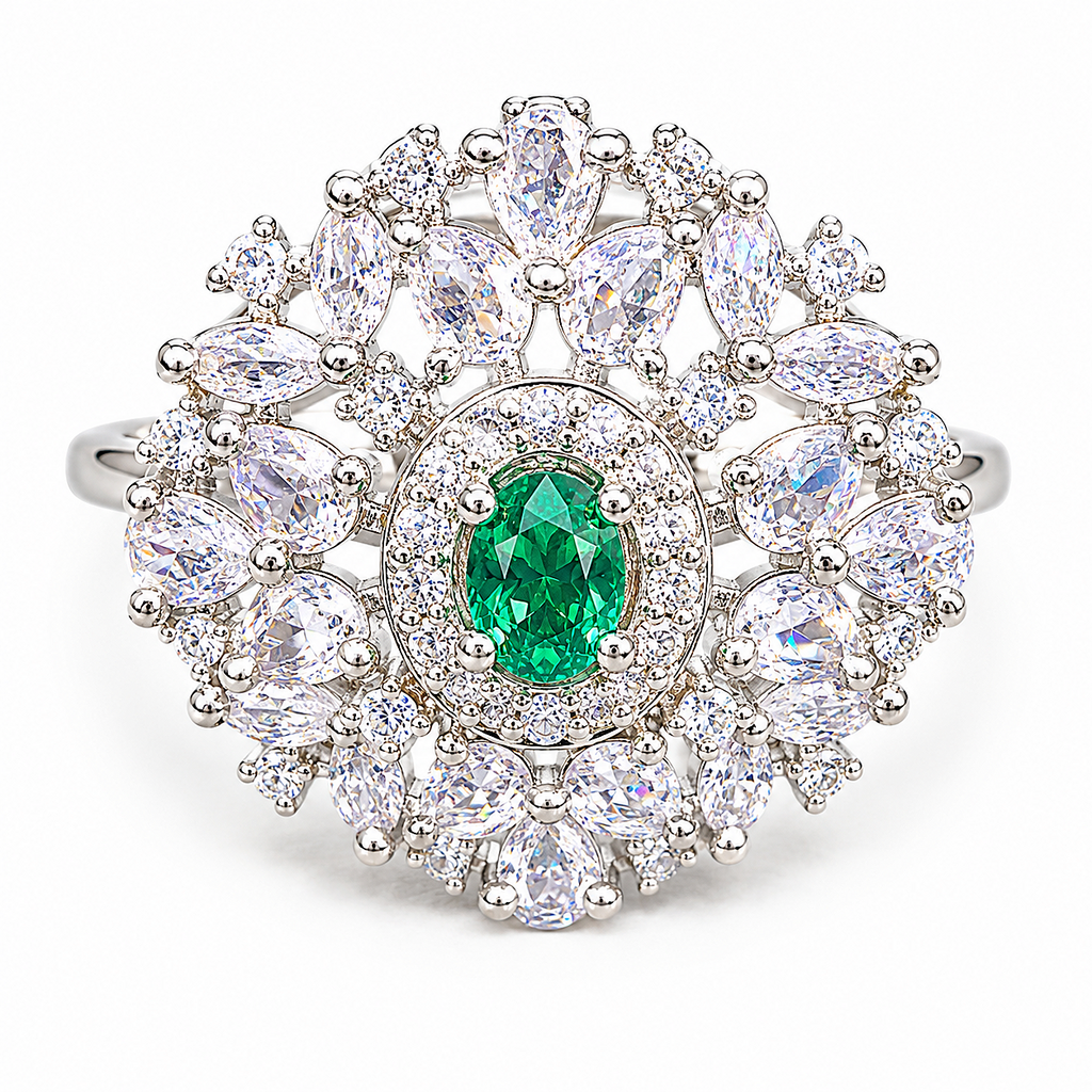 Raannii Rings - Silver Plated Green Stone Floral Statement Adjustable Ring for Women